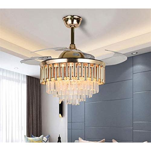 42Crystal Ceiling Fans with Lights and Remote, Modern Invisible Retractable Chandelier Fan LED Ceiling Fandelier with 3 Color 3 Speed for Dining/Livingroom, Light Kit Include