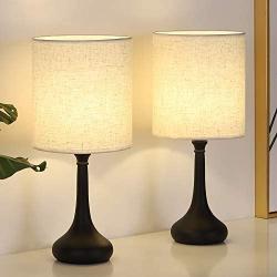 Small Table Lamps Set of 2, Metal Desk lamp Pairs, Nightstand Lamps with Linen lampshade for Bedroom, Living Room, College Dorm, Coffee Table, Bedside, Black