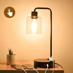 Modern Bedside Table Desk Lamp, 3 Way Dimmable Glass Lampshade Design Industrial Touch Control Table Lamp with 2 USB Ports and 2 AC Outlet, Nightstand Reading Lamp for Bedroom Living Room Office