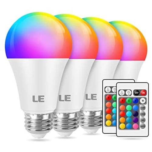 LE 9W Color Changing Light Bulbs with Remote, Dimmable LED Light Bulb, 60W Equivalent 806 Lumens Warm White, RGB Decorative Lighting for Home Bar Party Bedroom, A19 E26 Screw Base (4 Pack)
