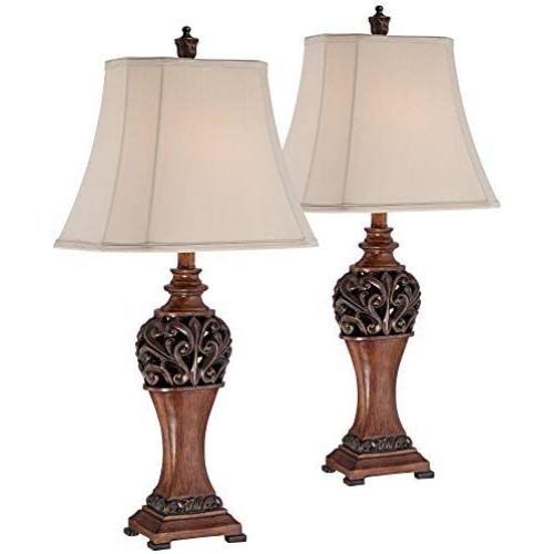 Exeter Traditional Table Lamps Set of 2 Bronze Wood Carved Leaf Creme Rectangular Bell Shade for Living Room Family Bedroom - Regency Hill