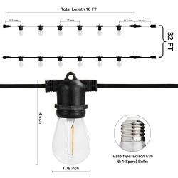 CP3 Connectable Outdoor Lights Patio String Waterproof 32FT with 12 Commercial Grade Hanging Sockets 14 Shatterproof Bulb (2 Spare) for Backyard Porch Deck Balcony Party Decor