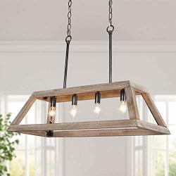 LOG BARN Chandeliers for Dining Room, Farmhouse Chandelier in Rustic Wood and Vintage Brushed Metal Finish with Trapezoidal Shade, Geometric Lighting Fixtures Hanging for Foyer, Kitchen Island