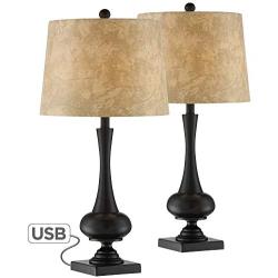 Ross Modern Mid-Century Modern Lamps Set of 2 with USB Charging Port Bronze Faux Leather Drum Shade for Living Room Bedroom Bedside Nightstand Office Family - Franklin Iron Works