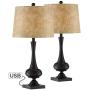 Ross Modern Mid-Century Modern Lamps Set of 2 with USB Charging Port Bronze Faux Leather Drum Shade for Living Room Bedroom Bedside Nightstand Office Family - Franklin Iron Works