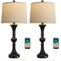 Oneach Traditional Table Lamps Set of 2 with USB Charging Port for Living Room 29.25“ Nightstand Lamp for Bedroom Bedside Table Lamp with Neutral Drum Shade Black