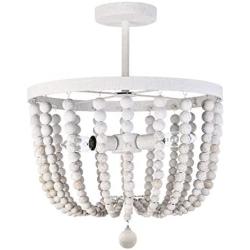 A1A9 Farmhouse Wood Bead Chandelier, Antique Rustic Pendant Light with Distressed White Finishing, 3-Lights Bohemia Semi Flush Mount Ceiling Lights for Dining Room Kitchen Bedroom Foyer D15.7''