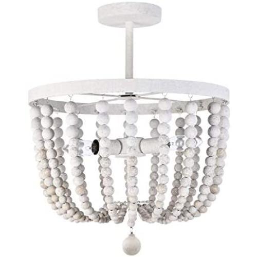 A1A9 Farmhouse Wood Bead Chandelier, Antique Rustic Pendant Light with Distressed White Finishing, 3-Lights Bohemia Semi Flush Mount Ceiling Lights for Dining Room Kitchen Bedroom Foyer D15.7''