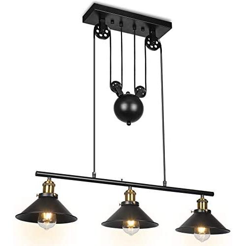 Three-Light Pulley Pendant Light, Indoor Island Light Adjustable Industrial Vintage Rustic Chandelier, Farmhouse Vintage Ceiling Lights Fixture for Dining Room, Living Room or Foyer