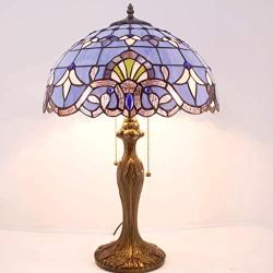 Tiffany Lamp Stained Glass Desk Light W16H24 Inch Tall Blue Purple Baroque Lavender Shade Antique Base S003C WERFACTORY LAMPS Lover Friends Kids Living Room Bedroom Bedside Coffee Bar Art Crafts Gifts