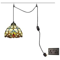 Vintage Tiffany Acrylic Pendant Ceiling Light with 4.5 Meter Plug in Cord and On/Off Dimmer Switch, Round Multicolored Swag Hanging Lamp for Kitchen Island Dining Room or Living Room