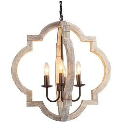 VILUXY Farmhouse Wood Chandelier Geometric Lantern Pendant Light 4-Light for Indoor Kitchen Island Dining Living Room Foyer