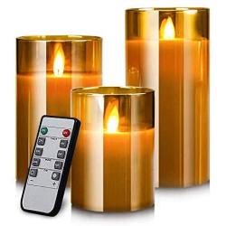 Led Flameless Candles, Battery Operated Flickering Candles Pillar Real Wax Moving Flame Electric Candle Sets Gold Glass Effect with Remote Timer, 4 in, 5 in, 6 in, Pack of 3