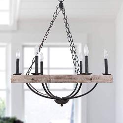 Farmhouse Rustic 6-Light Candle Wooden Chandelier, Cottage Wooden Iron Light Fixture Wood Pendant Ceiling Light for Dining Room, Living Room, Foyer, Hall, Restaurant - Burlywood