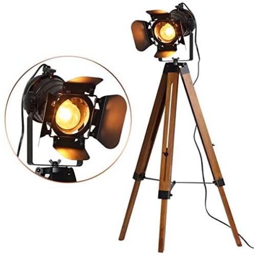 Industrial Tripod Floor Lamp for Living Room Bedroom, Vintage Standing Reading Lamp with Metal Wood Leg for Studio,Study Room and Office, Black (Blub not Included))