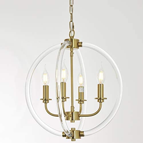 4-Light Modern Globe Pendant Light, Orb Chandelier with Clear Acrylic Lampshades and Brass Finish, Gold Light Fixture for Dining Room, Kitchen, Entryway and Foyer