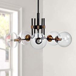 MOTINI 5-Light Sputnik Chandelier with Clear Glass 5LT Modern Pendant Geometric Light Rod Hanging Lighting Indoor 27''x 27''x11'', Black/Brushed Brass