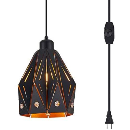 YLONG-ZS Farmhouse Pendant Light Rustic Swag Lights with Plug in 16.4 FT Cord and On/Off Dimmer Switch, Black and Gold Metal Hanging Pendant Lamps for Dining Room Bedroom Foyer Hallway Kitchen Island