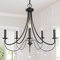 LOG BARN Farmhouse Chandelier, 5-Light Black Chandelier, Dining Room Hanging Light Fixture with Crystal Pendants, 24.5” Dia