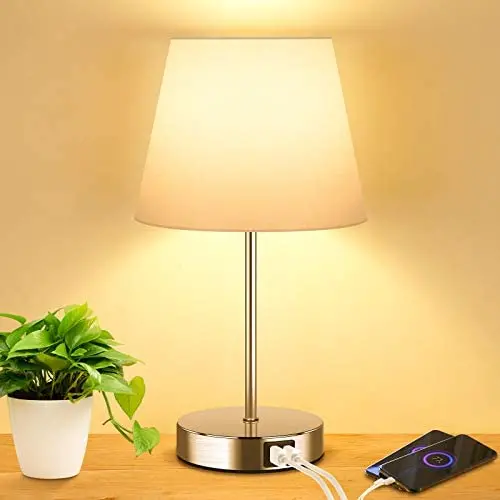 Touch Control Table Lamp with 2 USB Ports and AC Power Outlet 3 Way Dimmable Modern Bedside Nightstand Lamp with White Fabric Shade & Satin Nickle Base for Bedroom Living Room Office LED Bulb Included
