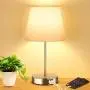 Touch Control Table Lamp with 2 USB Ports and AC Power Outlet 3 Way Dimmable Modern Bedside Nightstand Lamp with White Fabric Shade & Satin Nickle Base for Bedroom Living Room Office LED Bulb Included