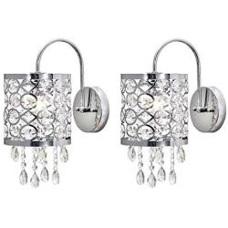 Maxax Crystal Wall Lamp Set of 2 Indoor Wall Sconce Lighting Fixture Clear Crystal Inserts Lattice Drum Shade for Bedroom Bedside Living Room Reading, Chrome Finish