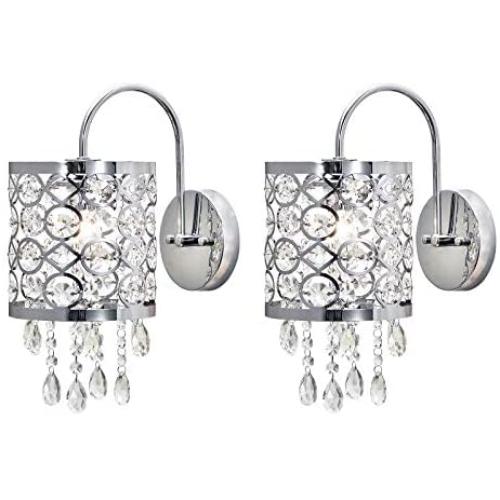 Maxax Crystal Wall Lamp Set of 2 Indoor Wall Sconce Lighting Fixture Clear Crystal Inserts Lattice Drum Shade for Bedroom Bedside Living Room Reading, Chrome Finish