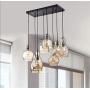 Rectangle 8 Lights Vintage Kitchen Island Cognac Glass Chandelier Pendant Lighting Fixture, Black Finish Flush Mount Ceiling Lights for Island, Dining Room, Cafe, Bar