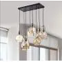 Rectangle 8 Lights Vintage Kitchen Island Cognac Glass Chandelier Pendant Lighting Fixture, Black Finish Flush Mount Ceiling Lights for Island, Dining Room, Cafe, Bar