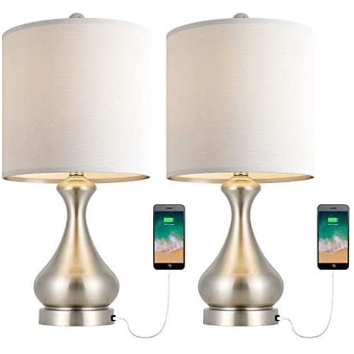 BOBOMOMO Metal USB Table Lamp 21 Set of 2 with Charging Port,Eye-Caring Nightstand Lamps Dressed in Brushed Silver Finish and White Lamp Shades for Bedroom, Living Room