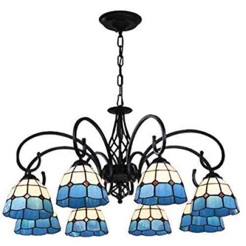 8 Light Tiffany Chandelier Light Victorian Antique Stained Glass Shaded,E26 Pendant Light Traditional Ceiling Light Fixtures,Hanging Light for Dining Room Blue 8 Head