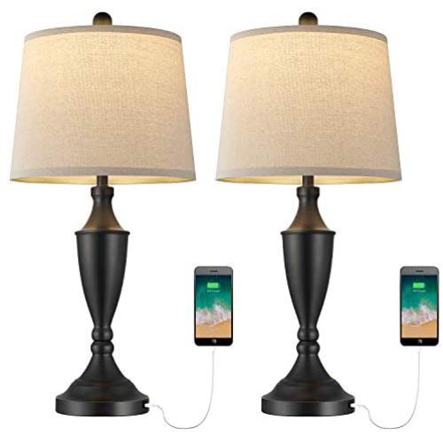 BOBOMOMO 25.25 Modern USB Table Lamp Set of 2 for Living Room Bedroom Bedside Lamps with USB Charging Port Fabric Drum Shade (Black)