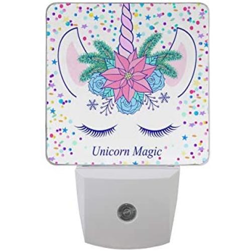 2 Pack Plug-in LED Night Light Lamp Magic Unicorn Cream Pink Floral Printing with Dusk to Dawn Sensor for Bedroom, Bathroom, Hallway, Stairways, 0.5W