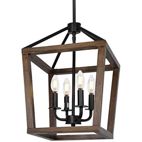 4-Light Rustic Chandelier, Adjustable Height Lantern Pendant Light with Oak Wood and Iron Finish, Farmhouse Lighting Fixtures for Dining Room, Kitchen, Hallway and Entryway, ETL Listed