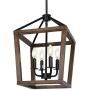 4-Light Rustic Chandelier, Adjustable Height Lantern Pendant Light with Oak Wood and Iron Finish, Farmhouse Lighting Fixtures for Dining Room, Kitchen, Hallway and Entryway, ETL Listed