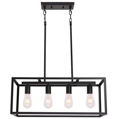 VINLUZ 4 Light Kitchen Island Pendant Light Black Modern Chandelier Industrial Ceiling Hanging Light Fixture for Dining Room Corridor Cafe