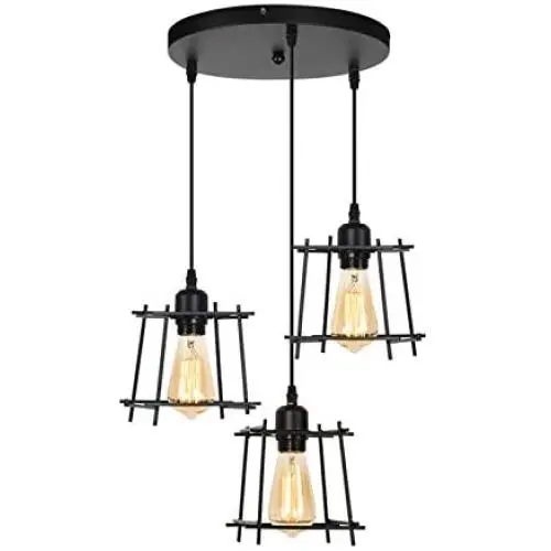 HAITRAL 3-Light Industrial Kitchen Light Fixtures, Geometric Hanging Chandelier for Dining Room, Black Metal Adjustable Pendant Light Fixtures for Living Room