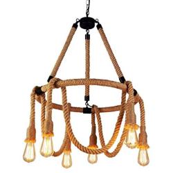 LAKIQ 6 Lights Hemp Rope Hanging Ceiling Light Vintage Pendant Lights Chandelier Light Fixture Rustic Art Deco for Living Room Dining Room Kitchen Restaurant