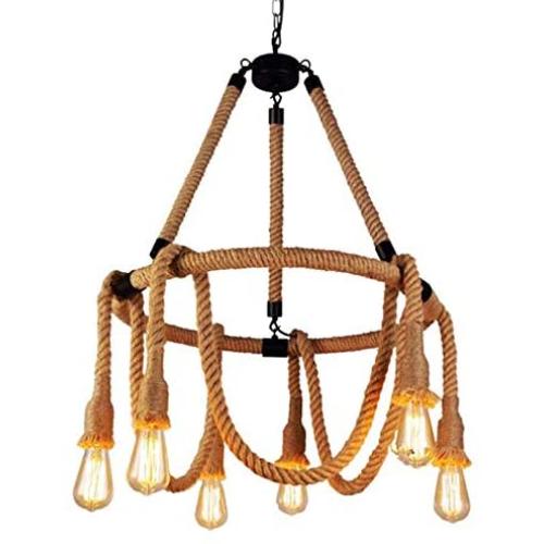 LAKIQ 6 Lights Hemp Rope Hanging Ceiling Light Vintage Pendant Lights Chandelier Light Fixture Rustic Art Deco for Living Room Dining Room Kitchen Restaurant