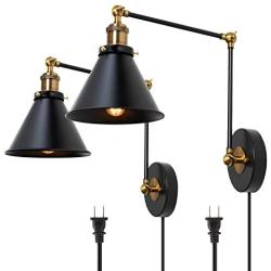 Plug in Wall Sconce Swing Arm Modern Wall Lamp 2 Pack, Matte Black and Brass Finish, Wall Mounted Adjustable Light Fixture for Bedside, Living Room, Bathroom, Home Decor