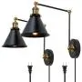 Plug in Wall Sconce Swing Arm Modern Wall Lamp 2 Pack, Matte Black and Brass Finish, Wall Mounted Adjustable Light Fixture for Bedside, Living Room, Bathroom, Home Decor