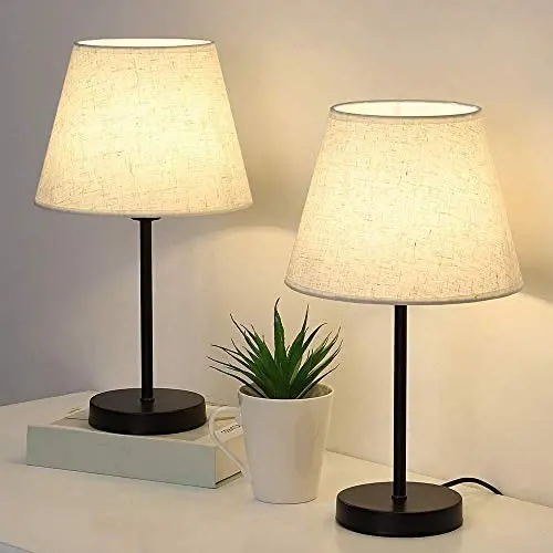 Bedside Table Lamps Set of 2, Modern Lamps Small Desk Lamps for Bedroom, Living Room with Ivory White Barrel Fabric Shade & Metal Base ( Without Bulb )