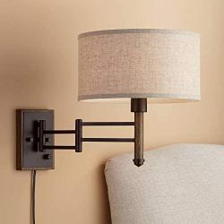 Sitka Rustic Farmhouse Swing Arm Wall Lamp Oil Rubbed Bronze Faux Wood Plug-in Light Fixture Oatmeal Linen Drum Shade for Bedroom Bedside Living Room Reading - Franklin Iron Works
