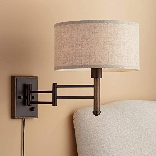 Sitka Rustic Farmhouse Swing Arm Wall Lamp Oil Rubbed Bronze Faux Wood Plug-in Light Fixture Oatmeal Linen Drum Shade for Bedroom Bedside Living Room Reading - Franklin Iron Works