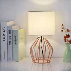 HAITRAL Rose Gold Table Lamps Set of 2- Minimalist Bedside Lamp, Modern Basket Cage Style Chrome Metal Base with Linen Fabric Shade Lamps for Bedroom, Girls Room, Gifts - Rose Gold