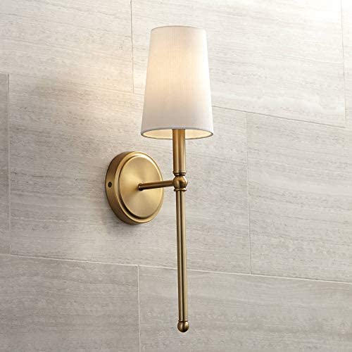 Greta Mid Century Modern Wall Light Sconce Warm Brass Hardwired 21'' High Fixture Linen Shade for Bedroom Bathroom Living Room - Regency Hill