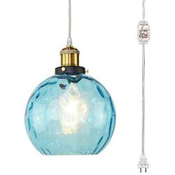 SKIVTGLAMP Hanging Swag Lamp no Wiring Needed Portable Pendant Light with 20ft Plug-in UL Dimmable Clear Cord Sky Blue Glass Lamp Nordic Minimalist for Dining Room Bulbs Not Included,Customizable