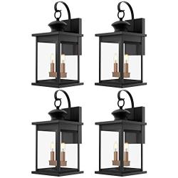 Sunco Lighting 4 Pack Two-Light Outdoor Wall Lantern, Matte Black, Clear Glass Shade, Dusk-to-Dawn Photocell Sensor, Exterior Wall Sconce, Candelabra Bulbs (E12 Base x 2), Waterproof, Porch, Patio