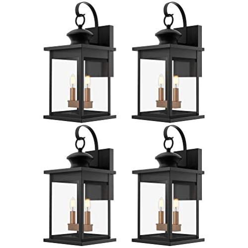Sunco Lighting 4 Pack Two-Light Outdoor Wall Lantern, Matte Black, Clear Glass Shade, Dusk-to-Dawn Photocell Sensor, Exterior Wall Sconce, Candelabra Bulbs (E12 Base x 2), Waterproof, Porch, Patio