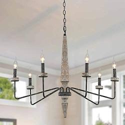 6-Light Distressed Rustic Wood Metal Chandelier Pendant Farmhouse Crystal Chandelier Handmade Wooden Lighitng for Living Room Bedroom Kitchen Foyer